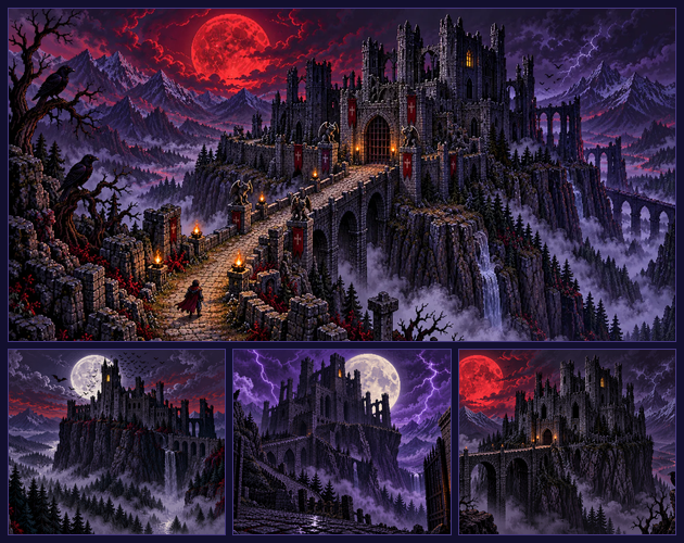 Cover of the Gothic Vampire Castle Backdrops pack: a red-cloaked traveler on a torch-lit causeway toward a castle under a blood moon, and three smaller moonlit castle scenes