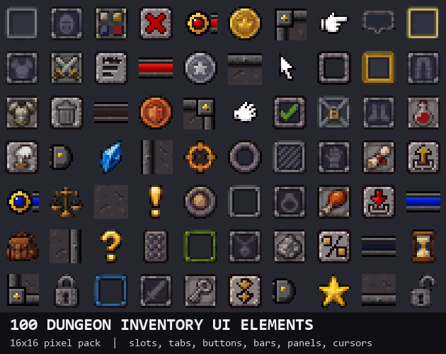 Cover of the 100 Dungeon Inventory UI Elements pack: pixel inventory slots, tabs, buttons, bars and cursors on a dark grid