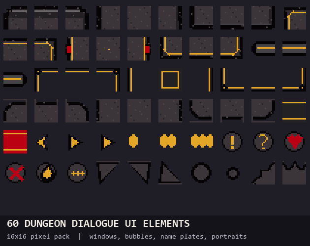 Cover of the 60 Dungeon Dialogue UI Elements pack: pixel dialogue window pieces, name plates, speech bubbles, arrows and emote bubbles on a dark grid