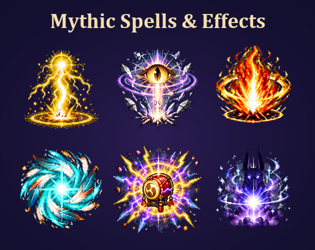Cover of the Mythic Spells and Effects pack: glowing pixel-art spell bursts of lightning, sun fire, foxfire, feathers and crows